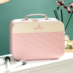PU Leather Makeup Box Organizer with Mirror, Large Capacity Waterproof Bag for Fashion Tools, Pink-1