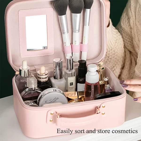 PU Leather Makeup Box Organizer with Mirror, Large Capacity Waterproof Bag for Fashion Tools, Pink-4