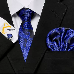 Great Quality Men's Fashion Black & Blue Necktie Set - necktie, pocket square and matching cufflinks