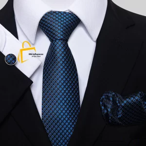 Great Quality Men's Fashion Dotted Blue Necktie Set - necktie, pocket square and matching cufflinks