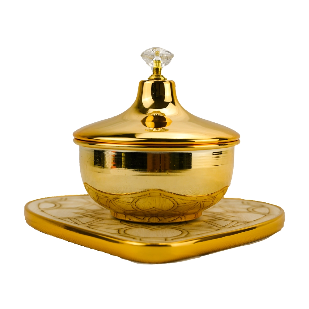 golden candy jar with lid and heart shaped wooden base