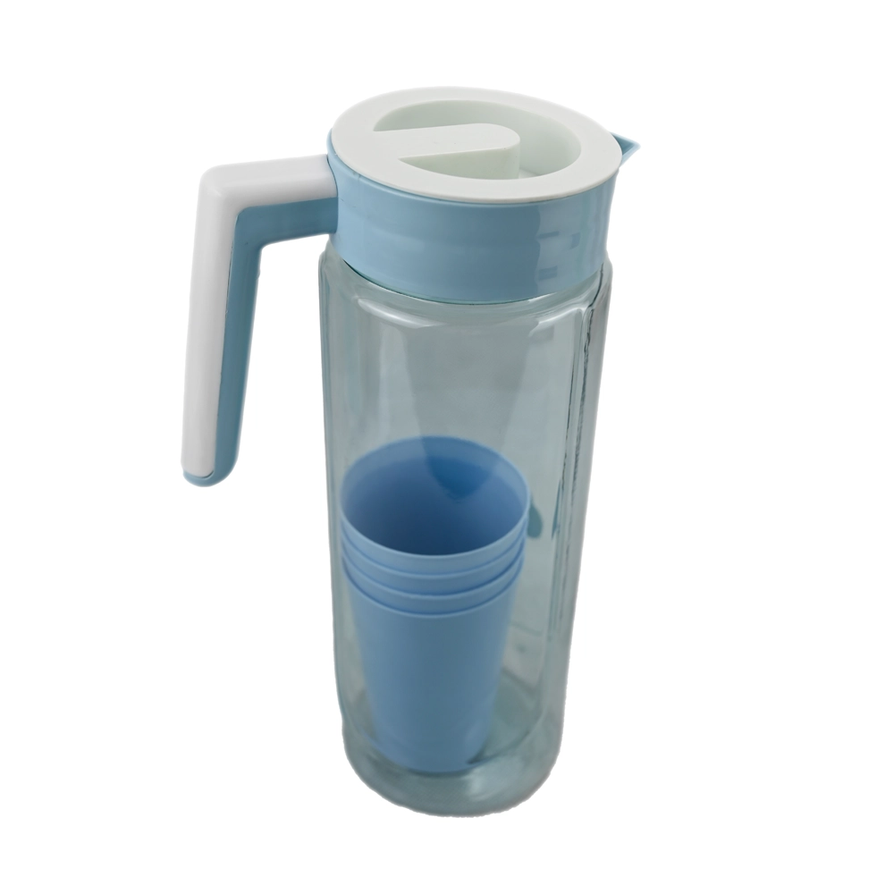 blue water jug with 4 glasses