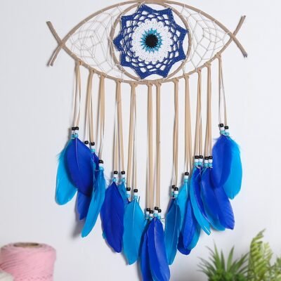 Dream Catcher Crochet Feather Evil Eye Wall Hanging/Wall Decoration Items For Living Room/Crochet Wall Hanging/Wall Decor Accessories Interior Gadgets/Car Mirror Hanging Accessories